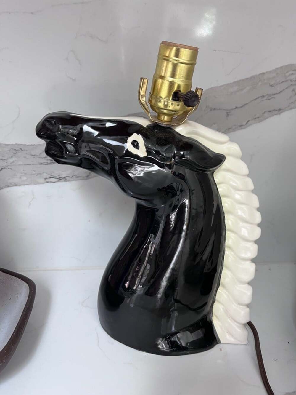 Vintage MCM Black Ceramic Horse Head Table Lamp White Mane Signed Melton Retro